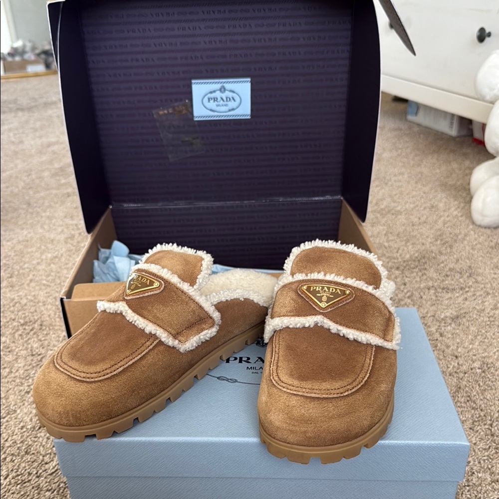 Prada Brown Suede Slippers with Shearling Lining